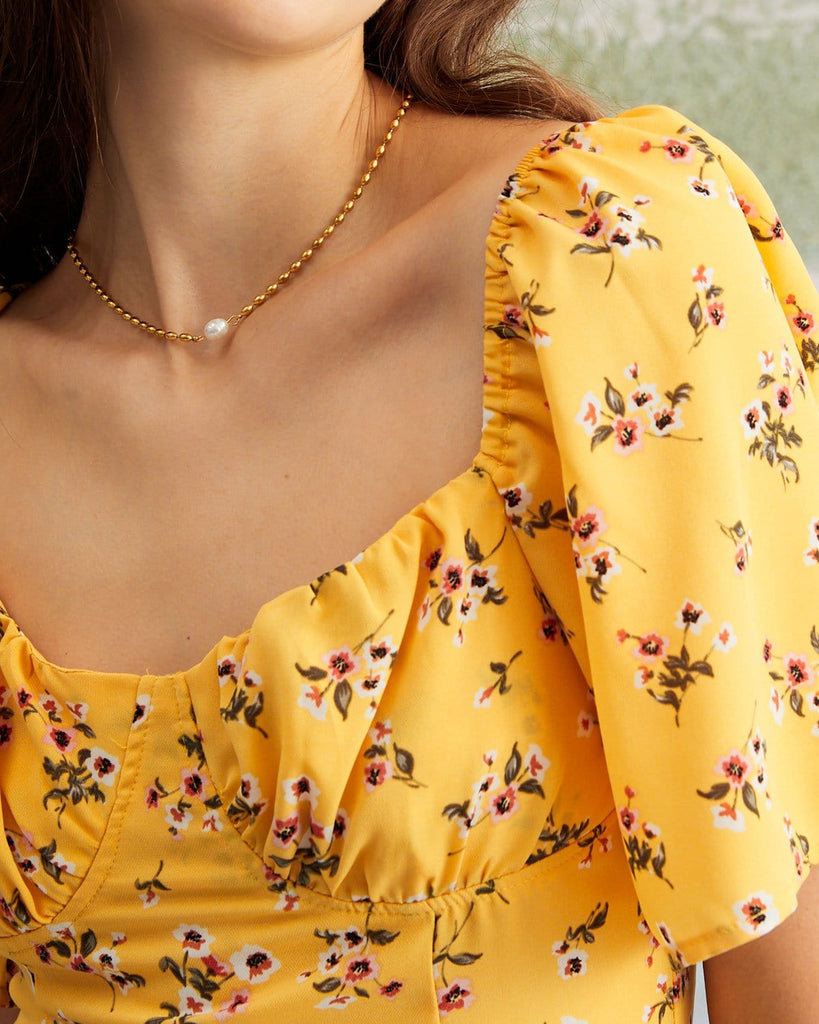 The Yellow Sweetheart Neck Floral Blouse Tops - RIHOAS