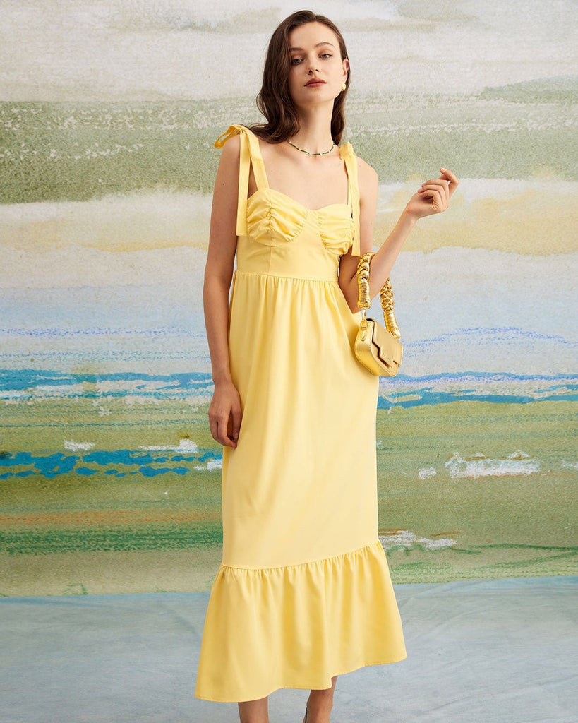 The Yellow Tie Shoulder Ruched Maxi Dress Yellow Dresses - RIHOAS
