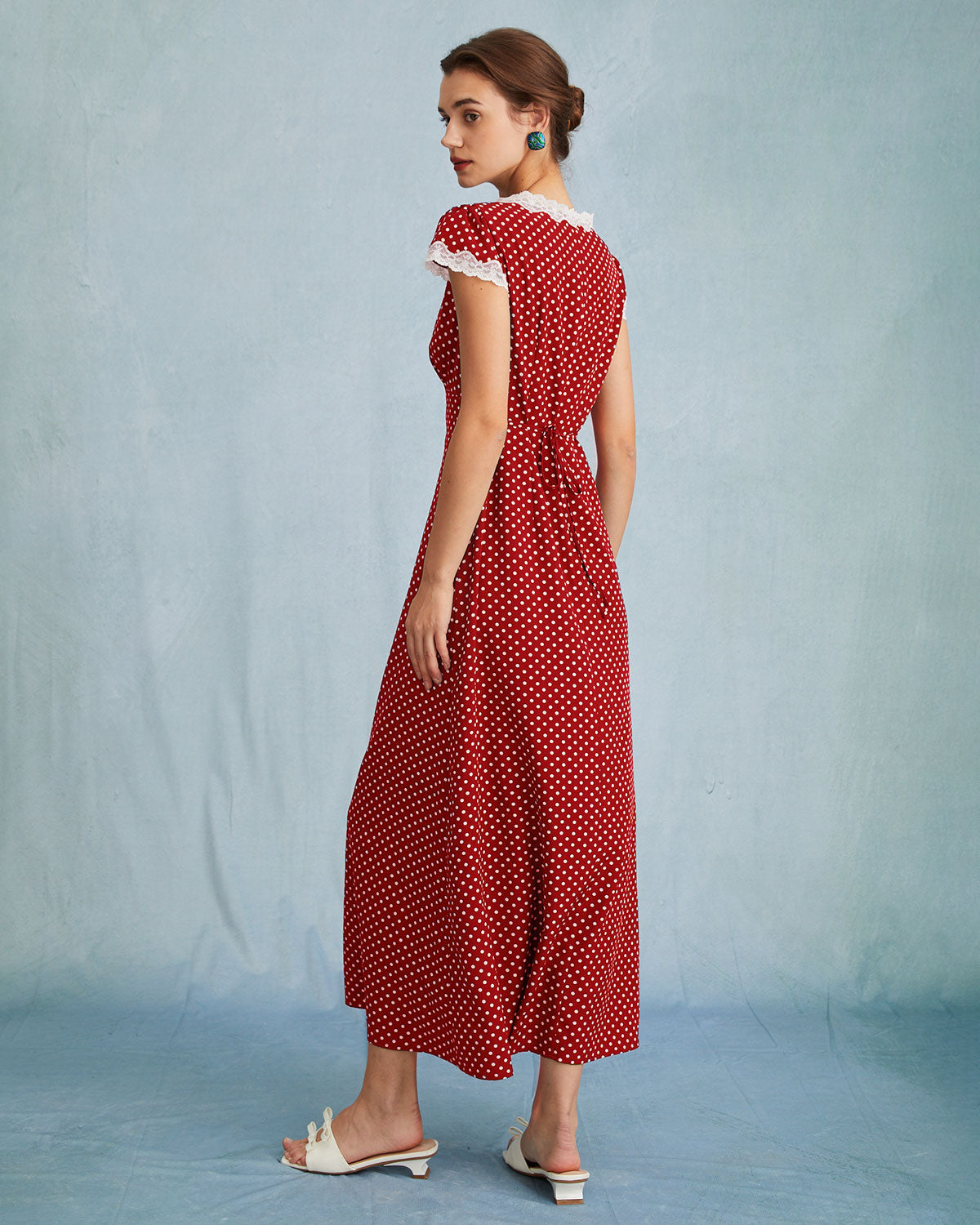 The Red V Neck Polka Dot Lace Ruched Maxi Dress