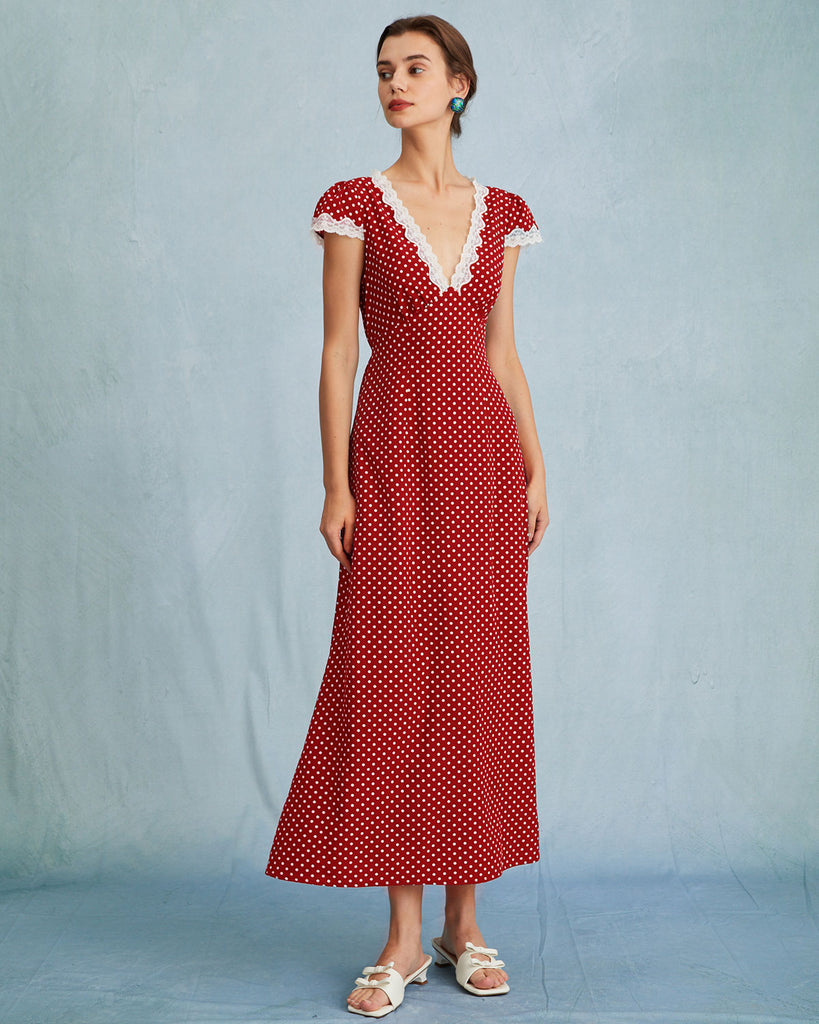 The Red V Neck Polka Dot Lace Ruched Maxi Dress
