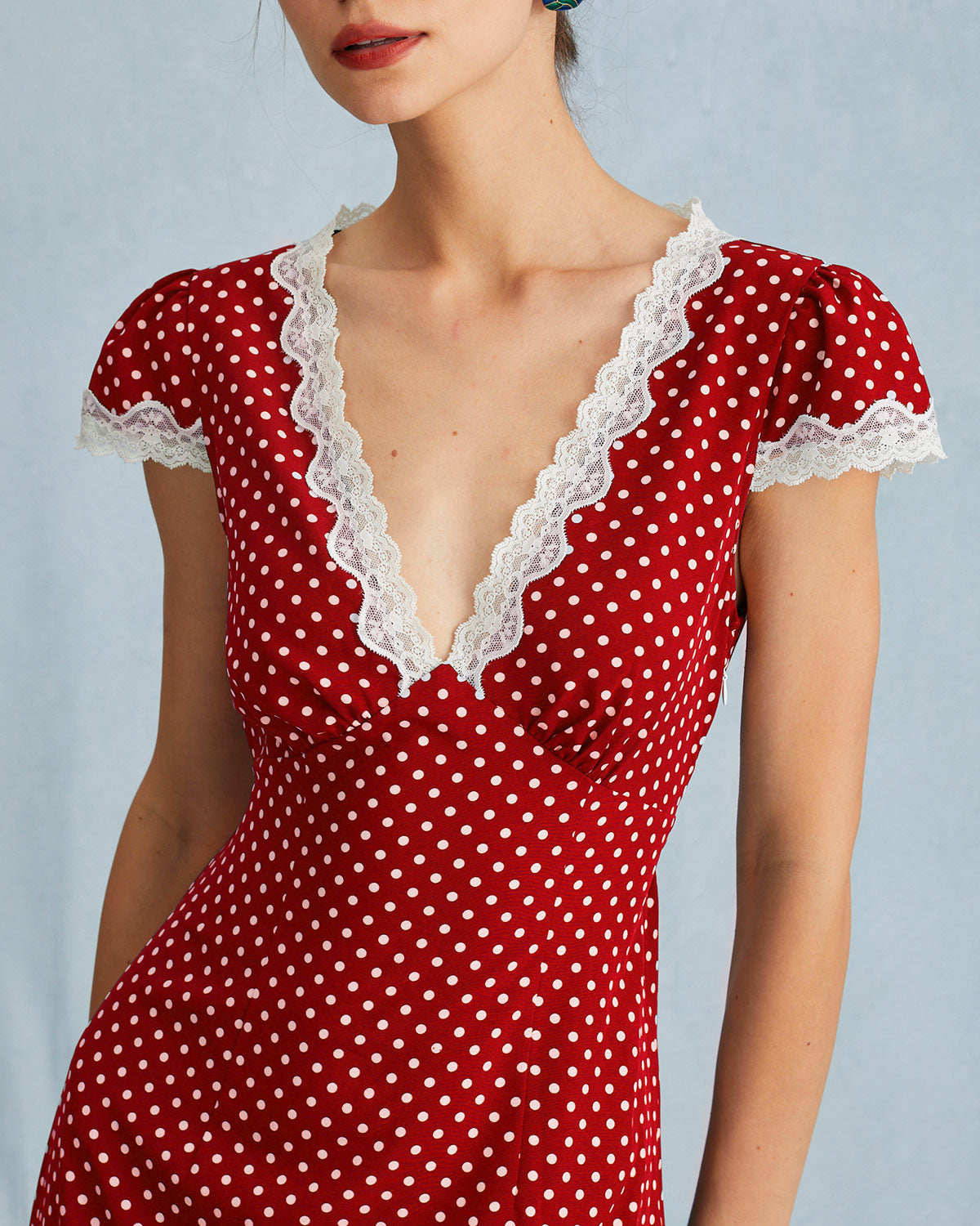 The Red V Neck Polka Dot Lace Ruched Maxi Dress