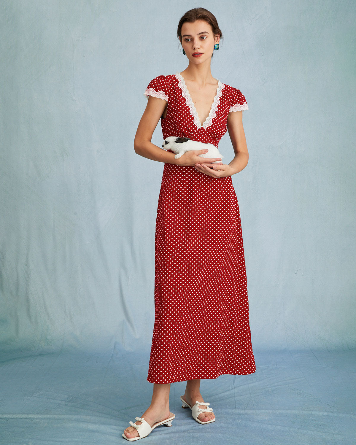 The Red V Neck Polka Dot Lace Ruched Maxi Dress - Main Image