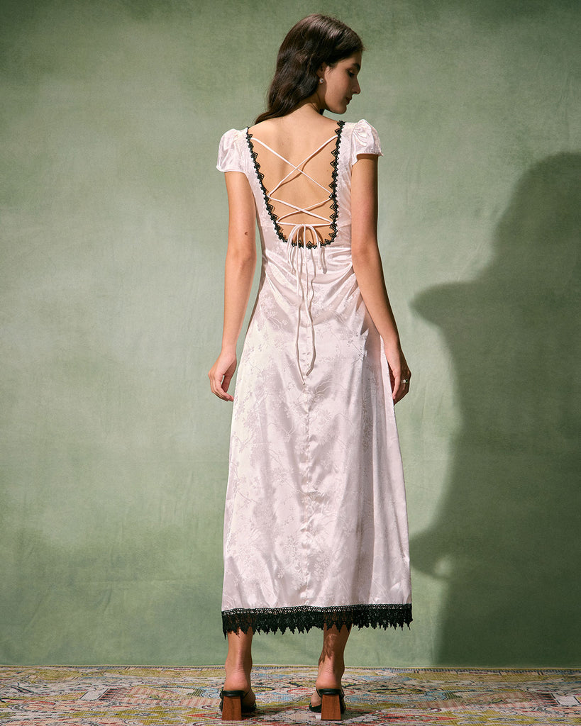 The Satin Jacquard Lace Midi Dress Dresses - RIHOAS