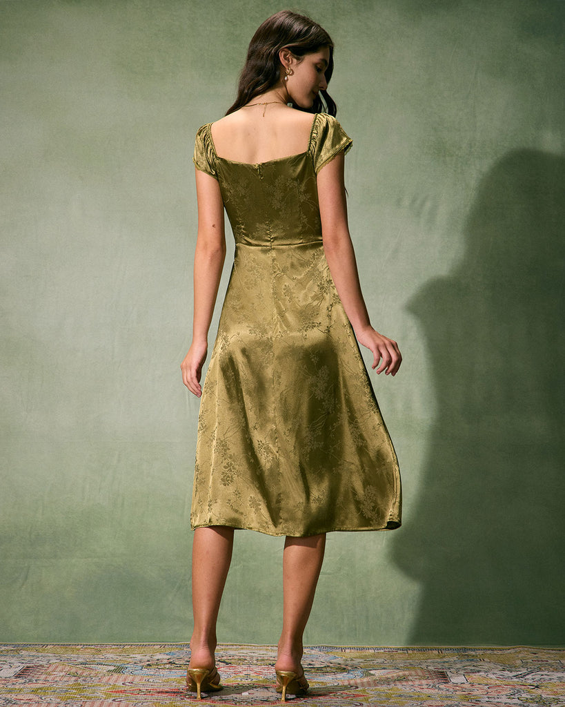 The Satin Jacquard Side Split Dress Green Dresses - RIHOAS