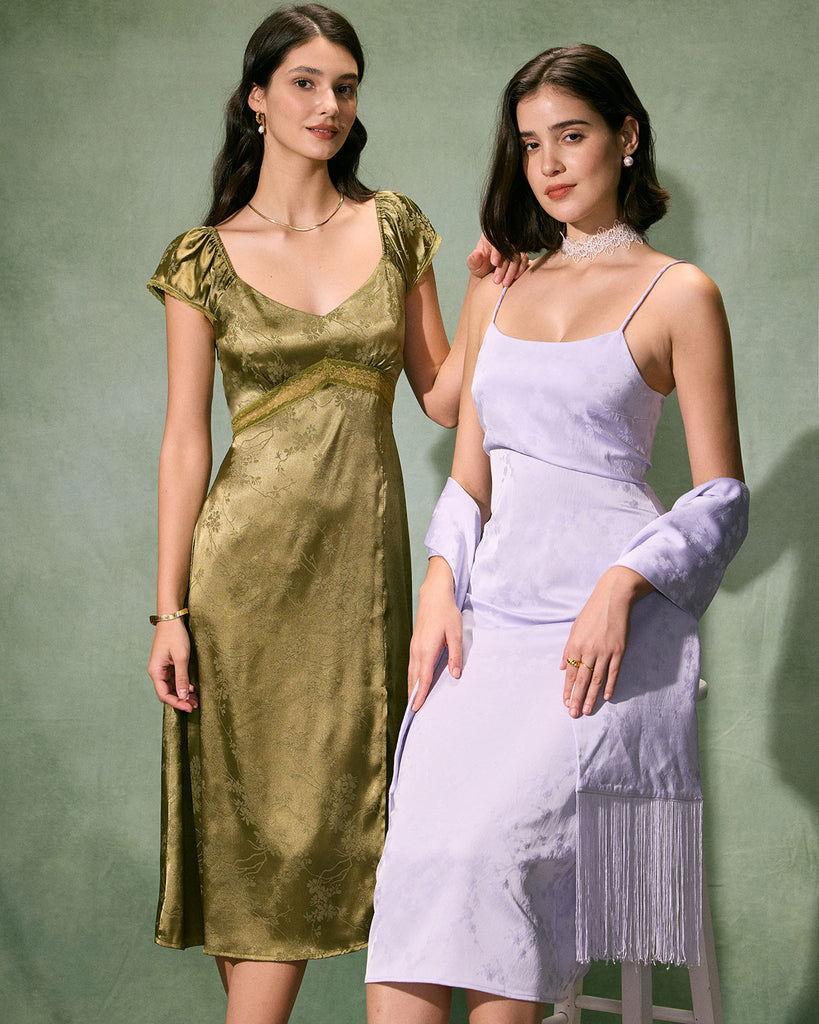 The Satin Jacquard Side Split Dress Green Dresses - RIHOAS