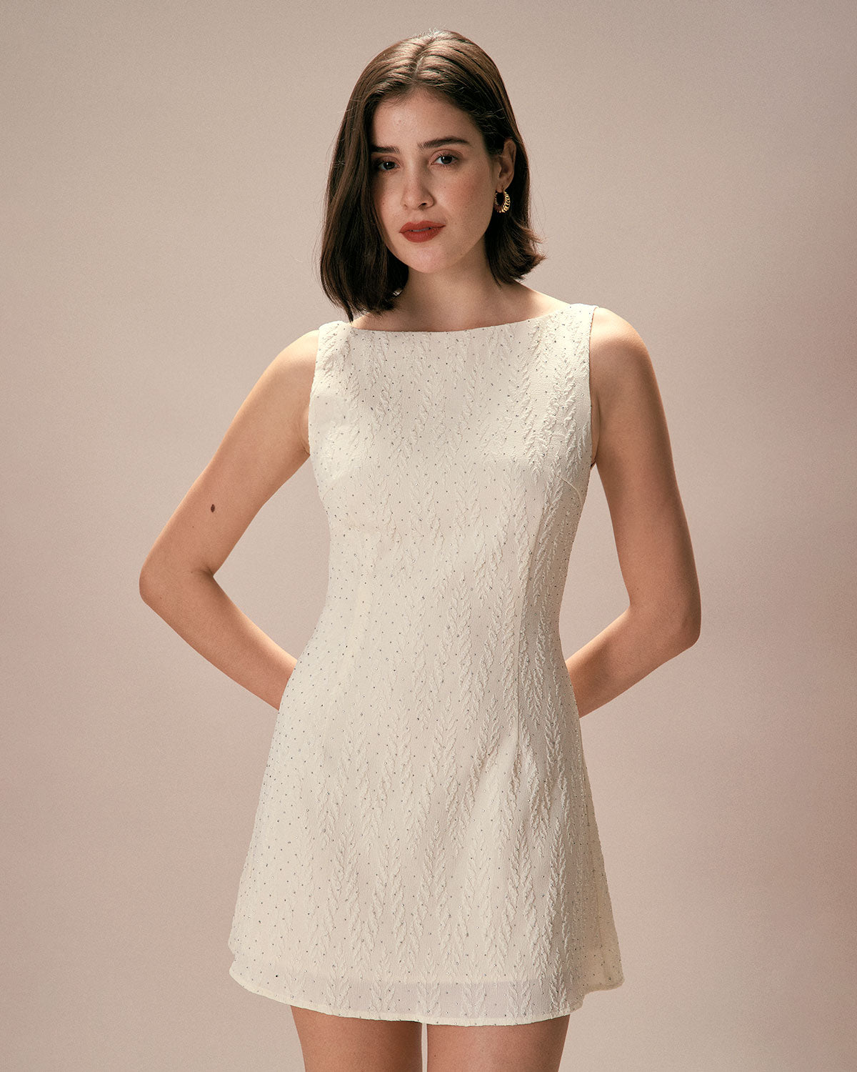 Boat Neck Textured Mini Dress