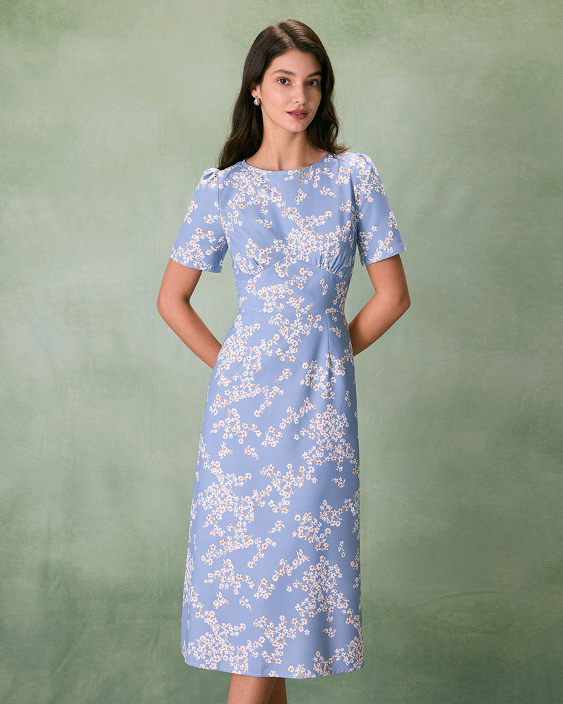 The Blue Round Neck Floral Midi Dress Blue Dresses - RIHOAS