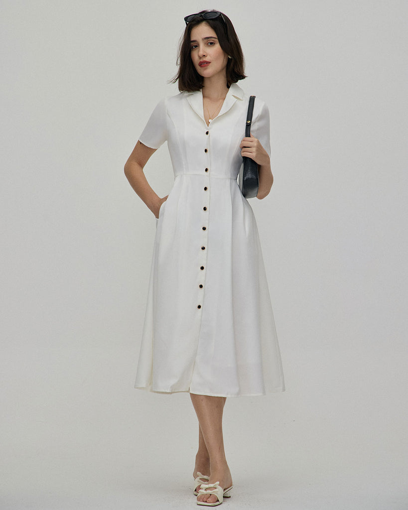 The White Lapel Midi Dress White Dresses - RIHOAS