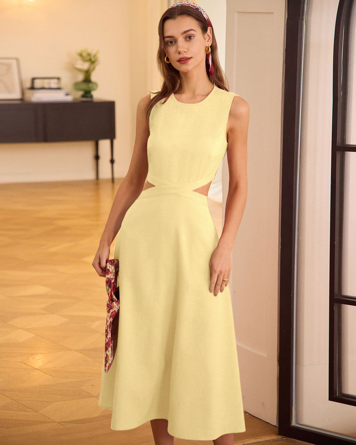 Yellow Round Neck Cut-Out Midi Dress Yellow Round Neck Cut-Out Midi Dress