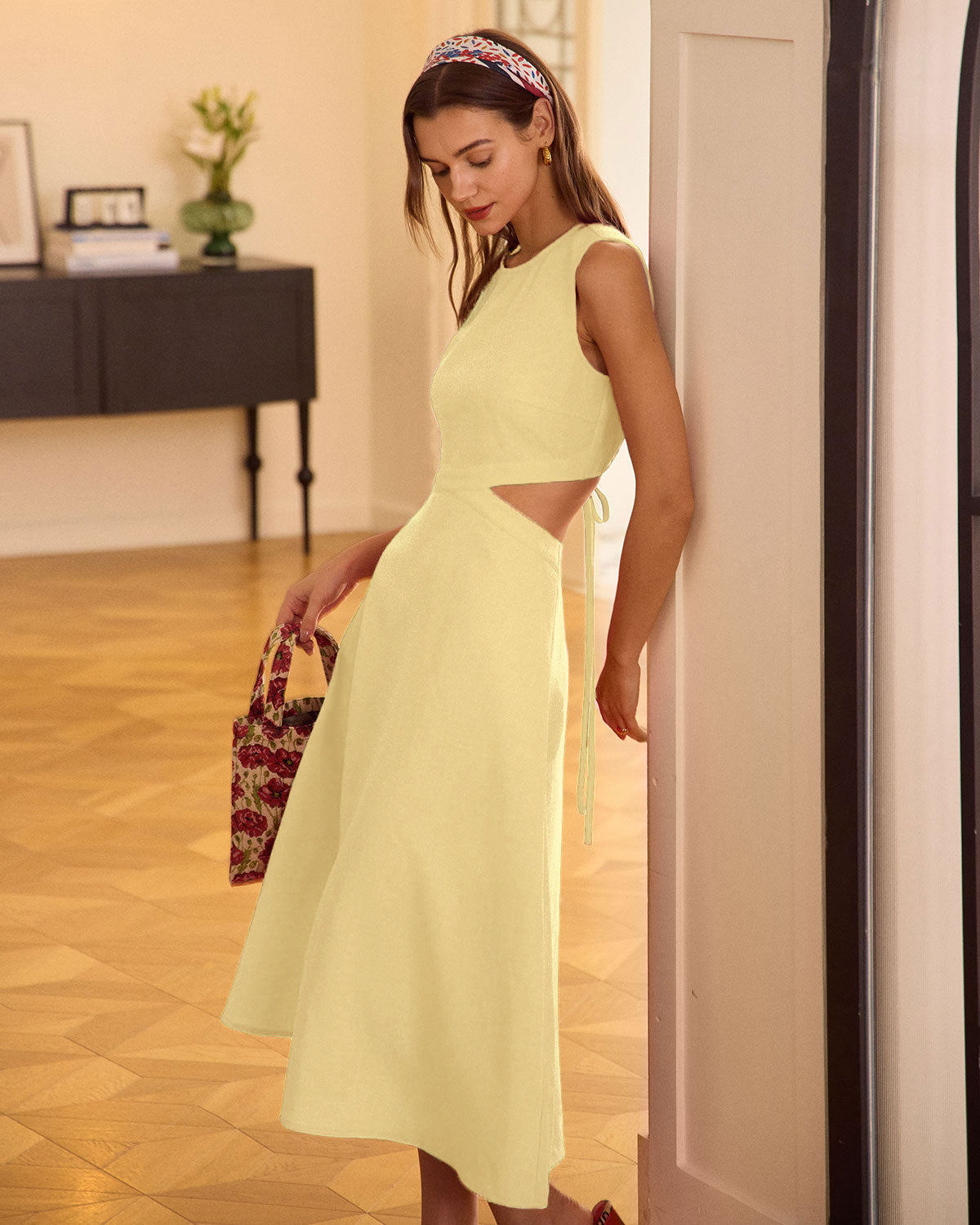 Yellow Round Neck Cut-Out Midi Dress Yellow Round Neck Cut-Out Midi Dress