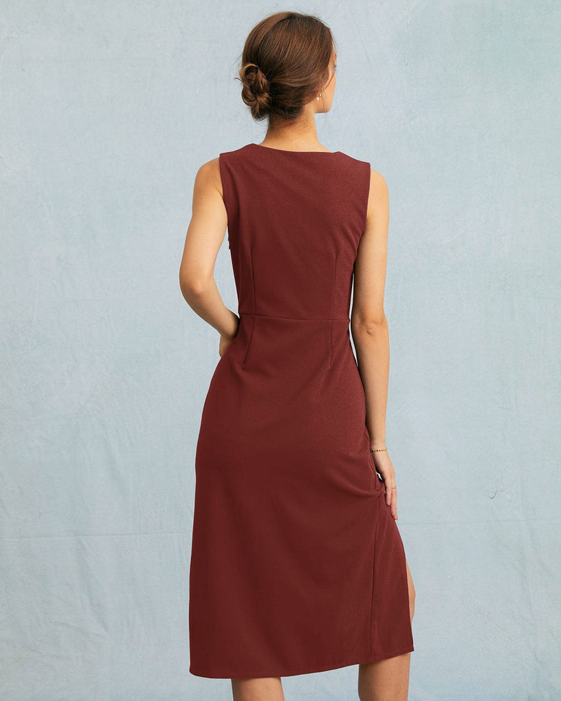 The Solid Square Neck Slit Midi Dress Dresses - RIHOAS