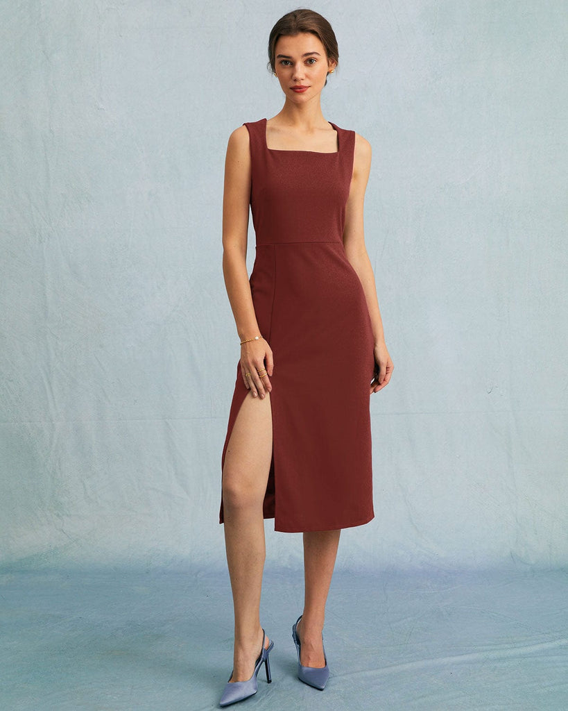 The Solid Square Neck Slit Midi Dress Dresses - RIHOAS