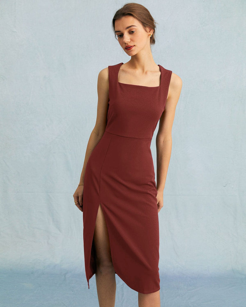 The Solid Square Neck Slit Midi Dress Dresses - RIHOAS