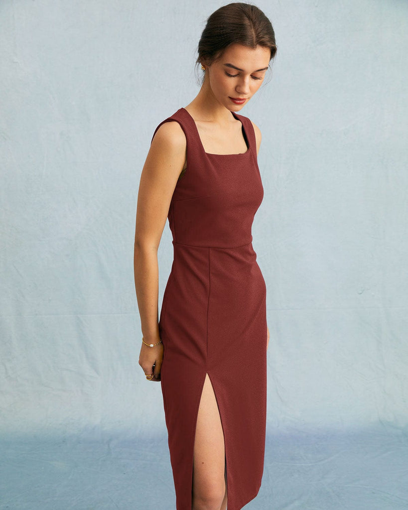 The Solid Square Neck Slit Midi Dress Dresses - RIHOAS