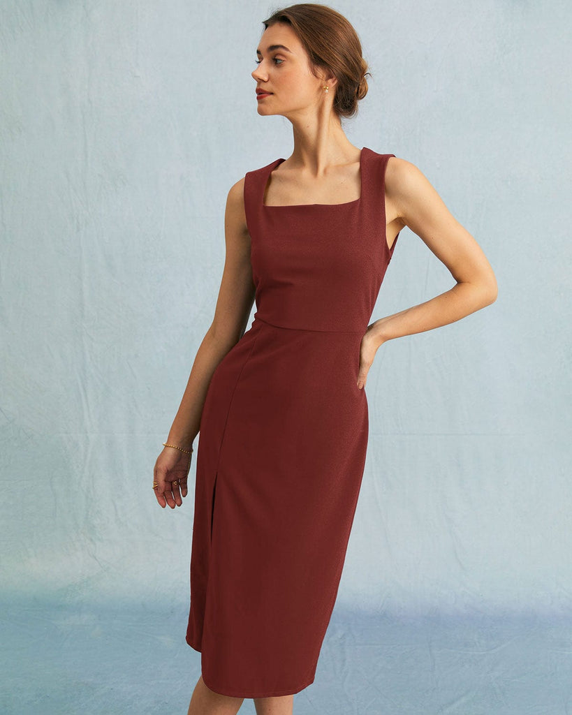 The Solid Square Neck Slit Midi Dress Dresses - RIHOAS