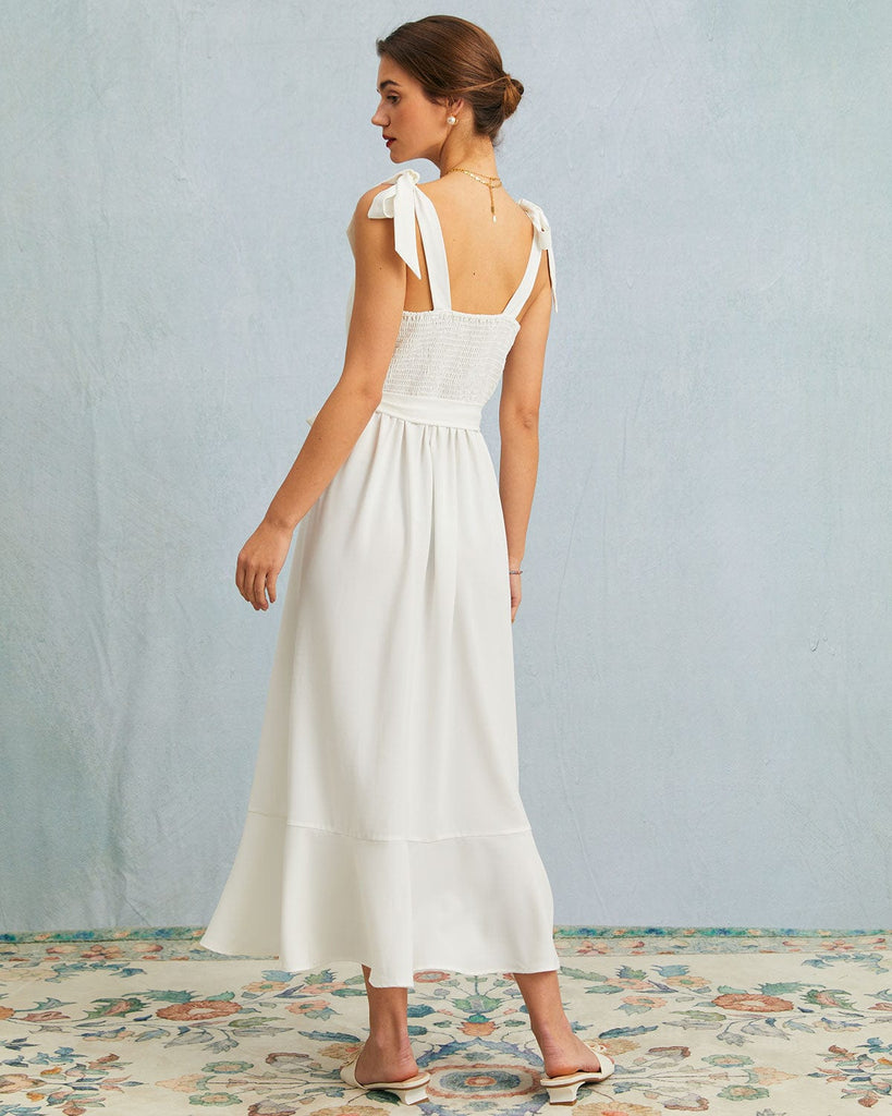 The Waist Tie Ruffle Hem Midi Dress White Dresses - RIHOAS