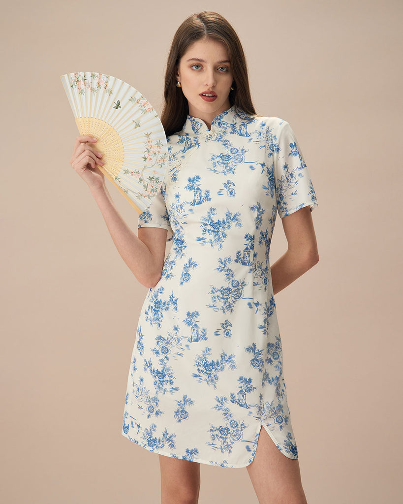 The Mandarin Collar Blue Floral Cheongsam Print Dresses - RIHOAS