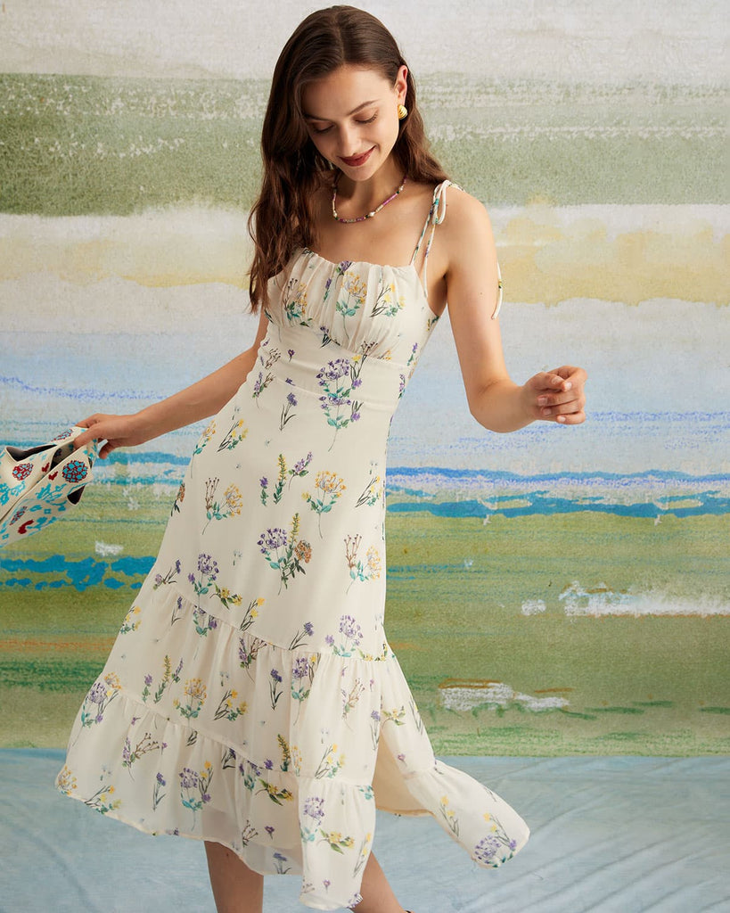 The Beige Sweetheart Neck Floral Midi Dress Beige Dresses - RIHOAS
