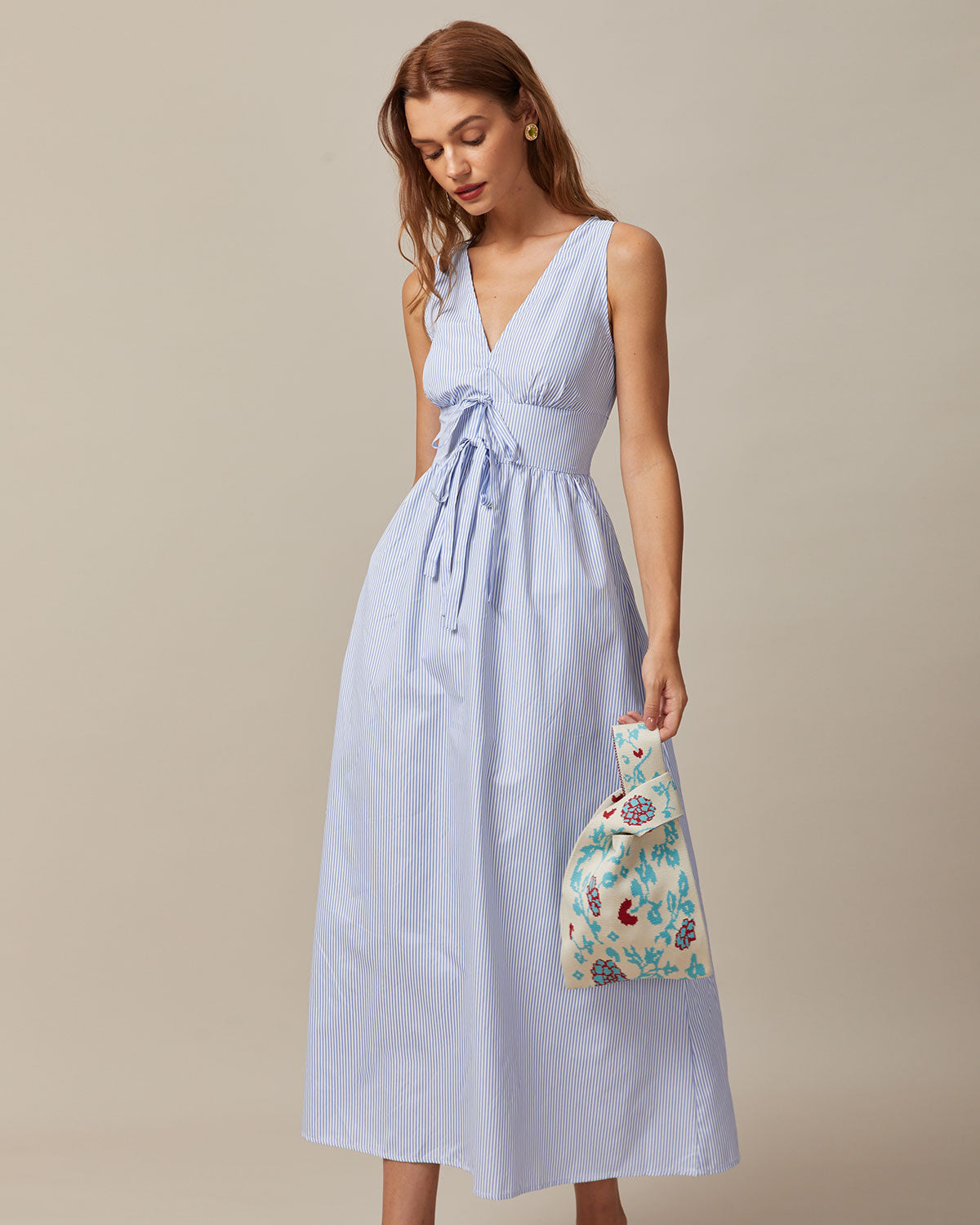 V Neck Shirred Striped Maxi Dress