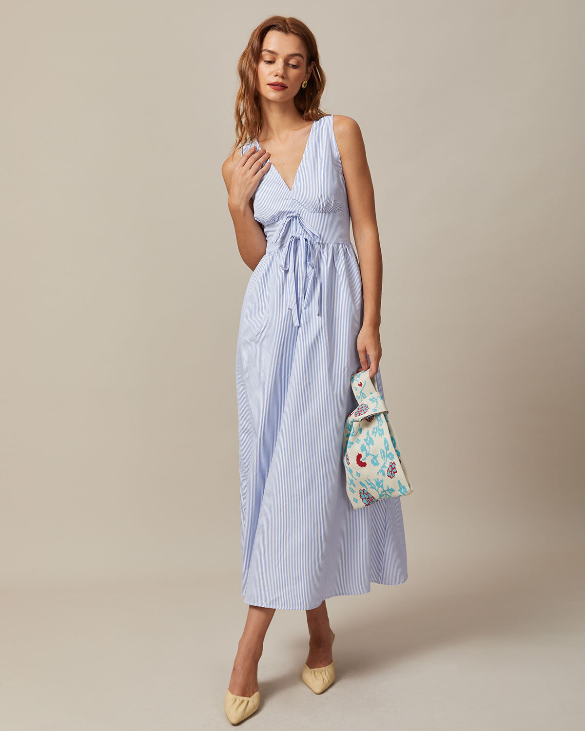 The Blue V Neck Shirred Striped Maxi Dress & Reviews - Blue - Dresses