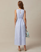 The Blue V-Neck Sleeveless Striped Maxi Dress Dresses - RIHOAS