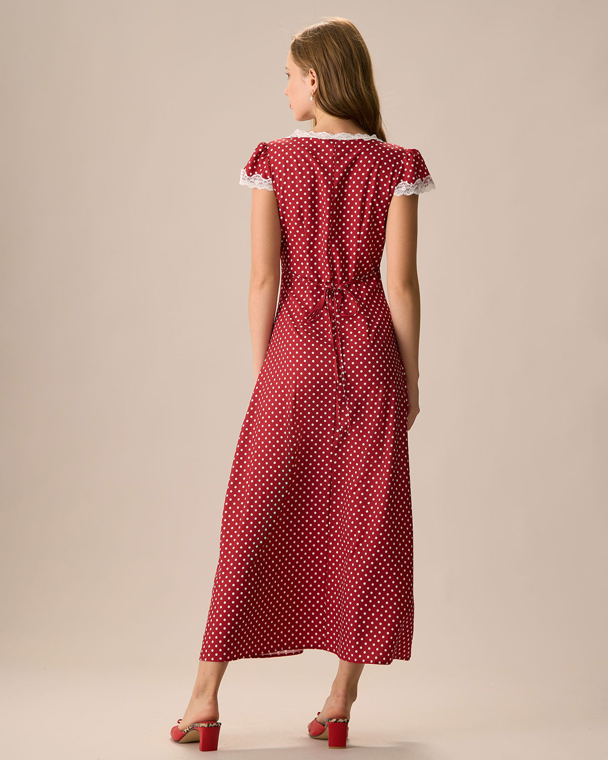 The Red V Neck Polka Dot Lace Ruched Maxi Dress - Women's Navy Polka Dot Cap Sleeve Dress - Red - Dresses | RIHOAS The Red V Neck Polka Dot Lace Ruched Maxi Dress - Women's Navy Polka Dot Cap Sleeve Dress - Red - Dresses | RIHOAS
