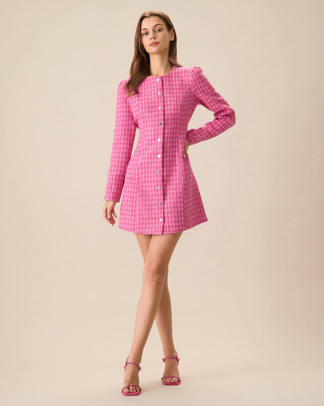 Women's Pink Single-breasted Tweed Mini Dress & Reviews