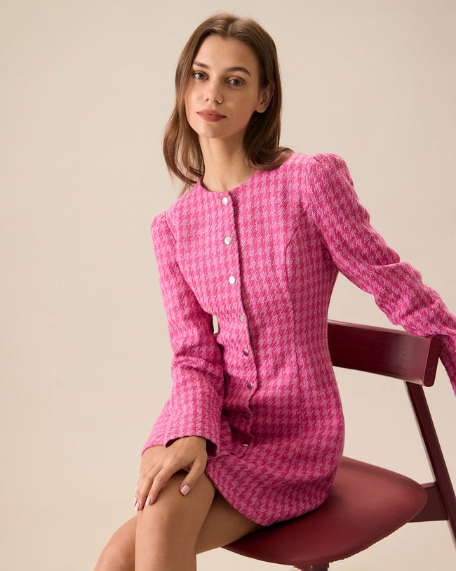 Women's Pink Single-breasted Tweed Mini Dress & Reviews