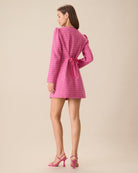 Women's Pink Single-breasted Tweed Mini Dress