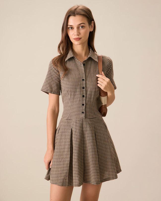 Women's Brown Plaid Lapel Pleated Mini Dress & Reviews