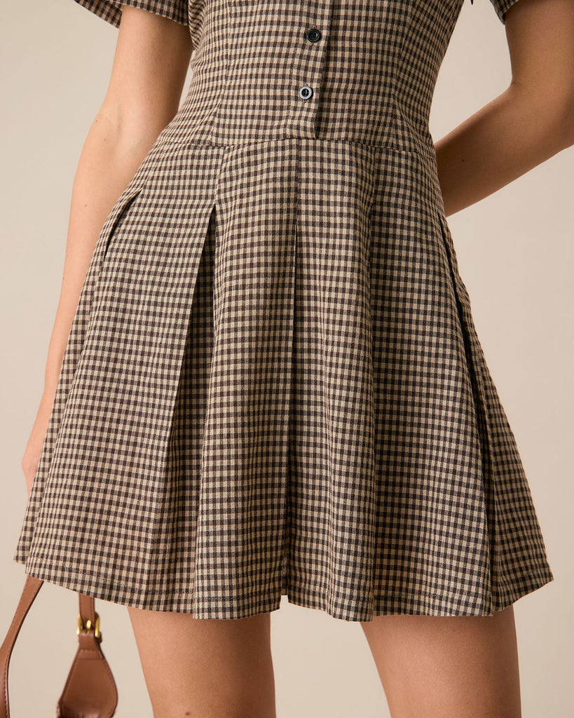 Women's Brown Plaid Lapel Pleated Mini Dress & Reviews