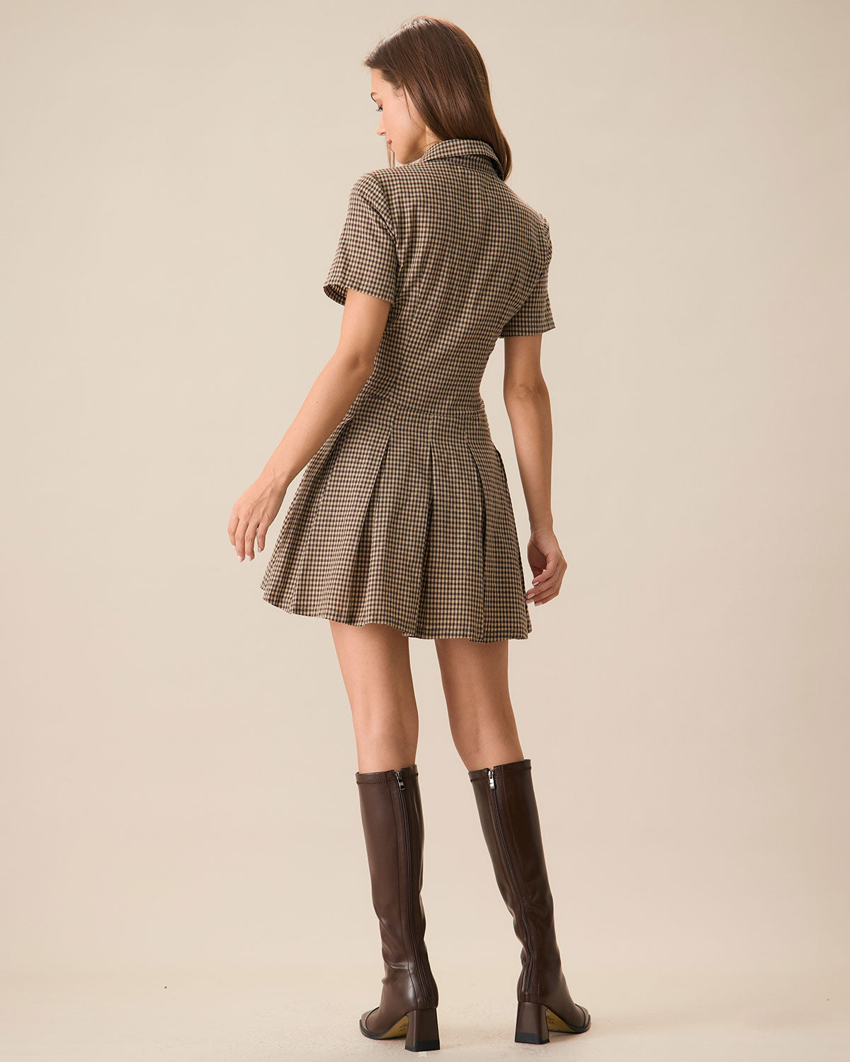 Women's Brown Plaid Lapel Pleated Mini Dress & Reviews
