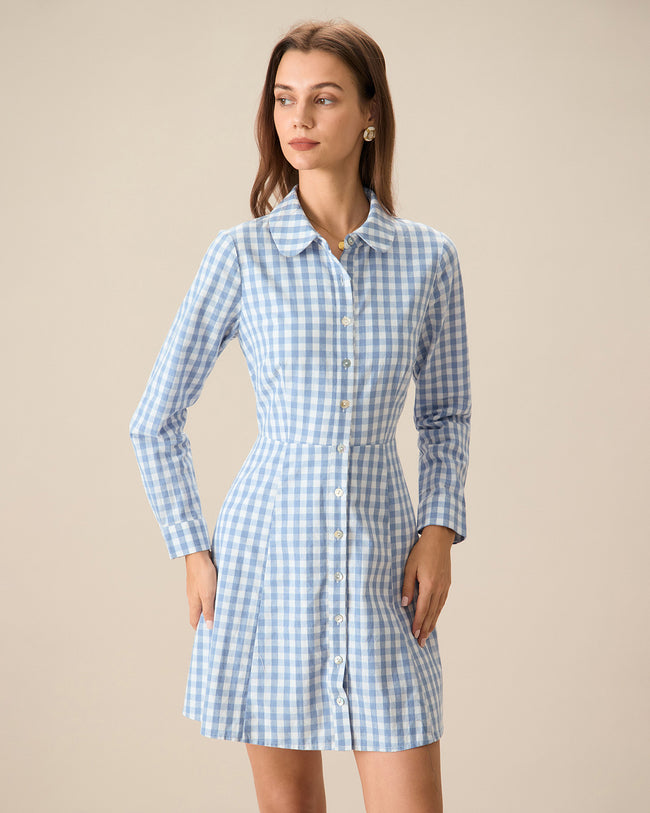 Women s Blue Plaid Long Sleeve Mini Dress Reviews Blue Dresses RIHOAS