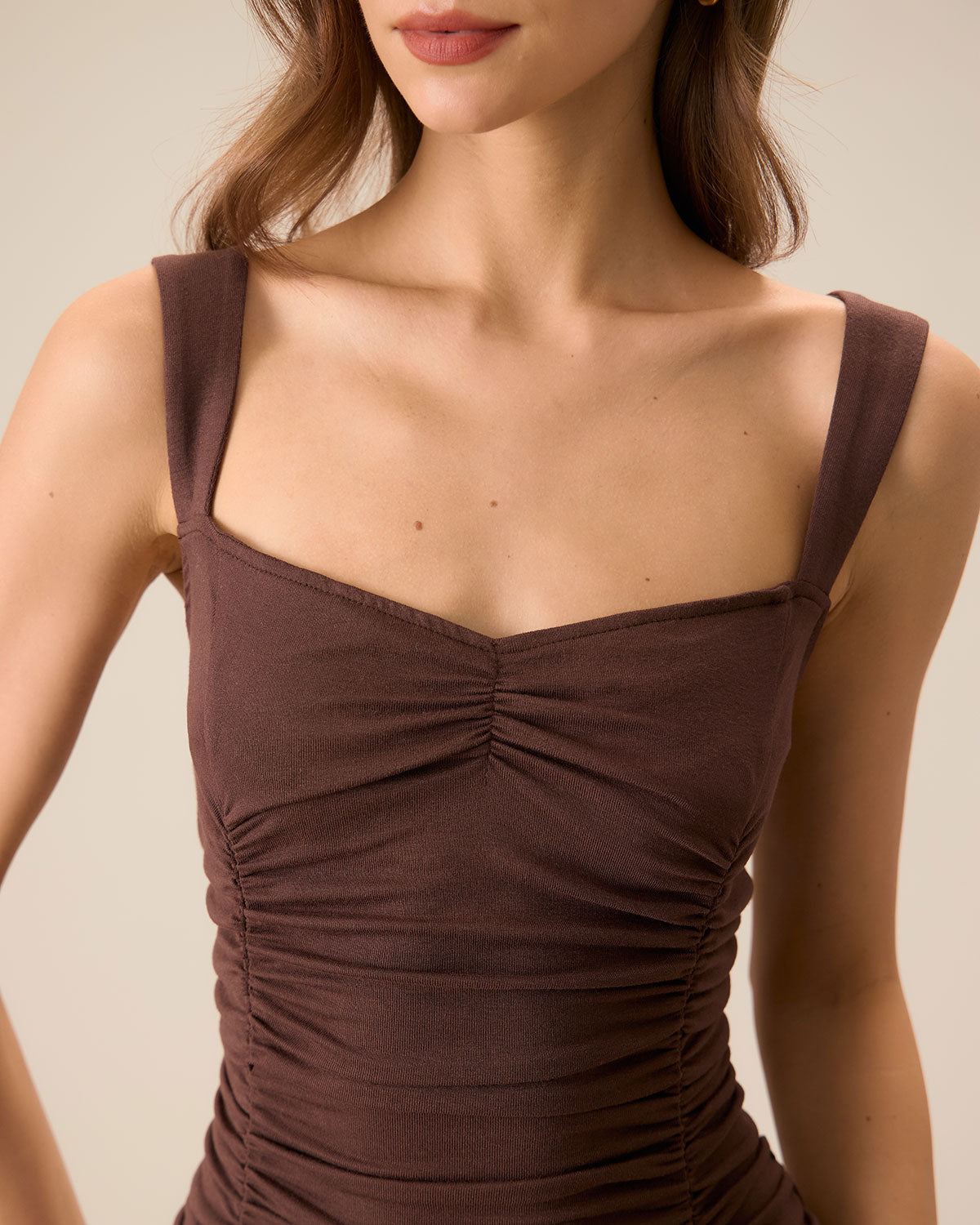 Women's Coffee Ruched Knitted Slip Midi Dress Women's Coffee Ruched Knitted Slip Midi Dress