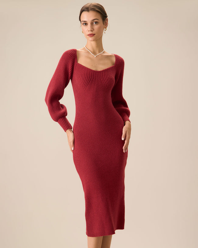 Women s Red Ribbed Knit Bodycon Sweater Dress Reviews Red Dresses RIHOAS
