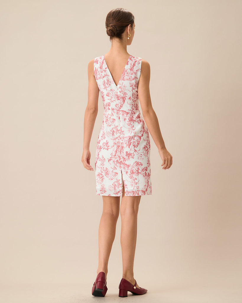 Women's Red V-Neck Sleeveless Floral Midi Dress