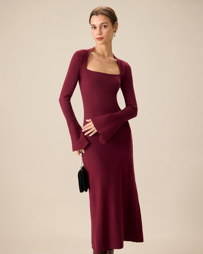 The Red Square Neck Flare Sleeve Midi Dress - Main Image