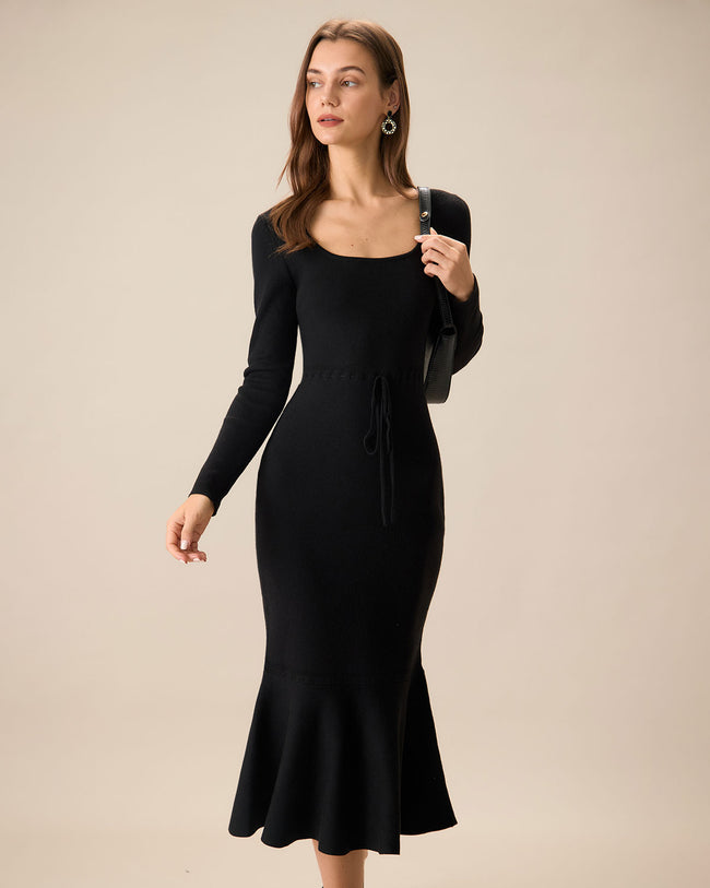 Women s Black Square Neck Mermaid Sweater Maxi Dress Reviews Black Dresses RIHOAS