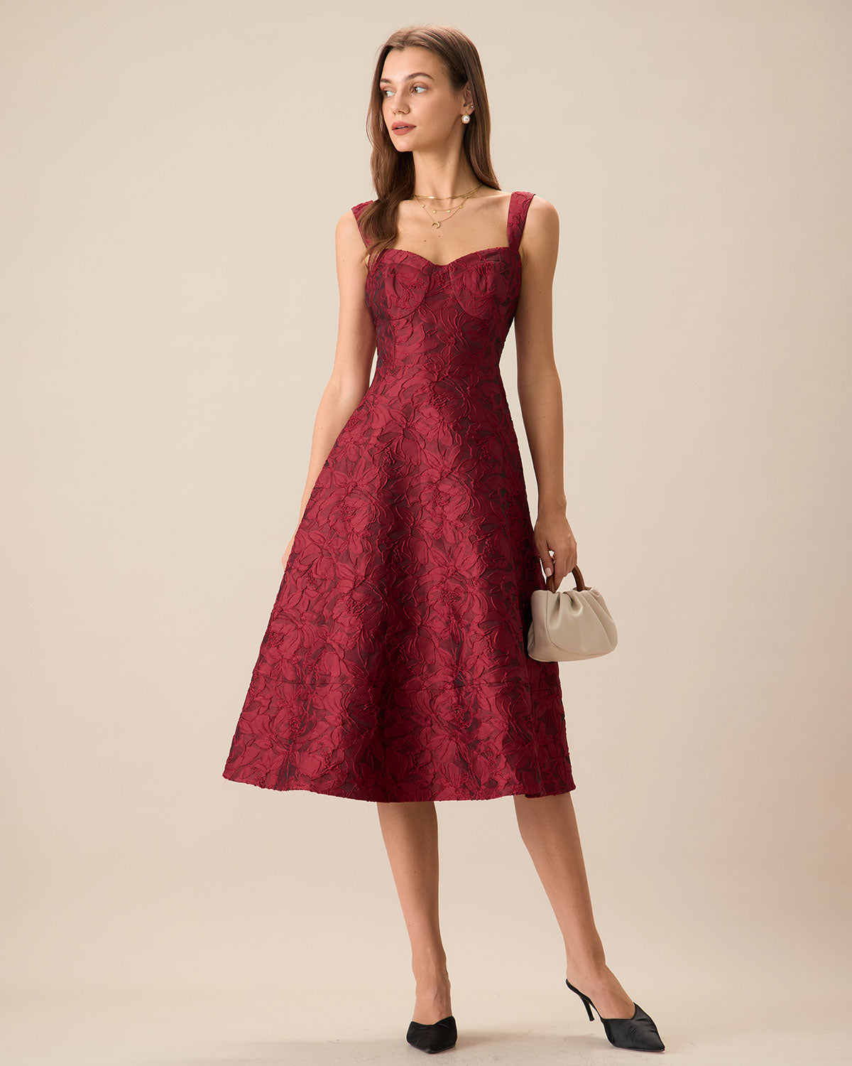 The Red Sweetheart Neck Jacquard Midi Dress & Reviews - Red - Dresses | RIHOAS The Red Sweetheart Neck Jacquard Midi Dress & Reviews - Red - Dresses | RIHOAS