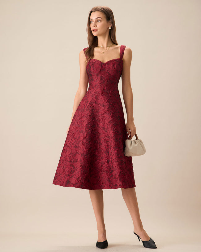 The Red Sweetheart Neck Jacquard Midi Dress