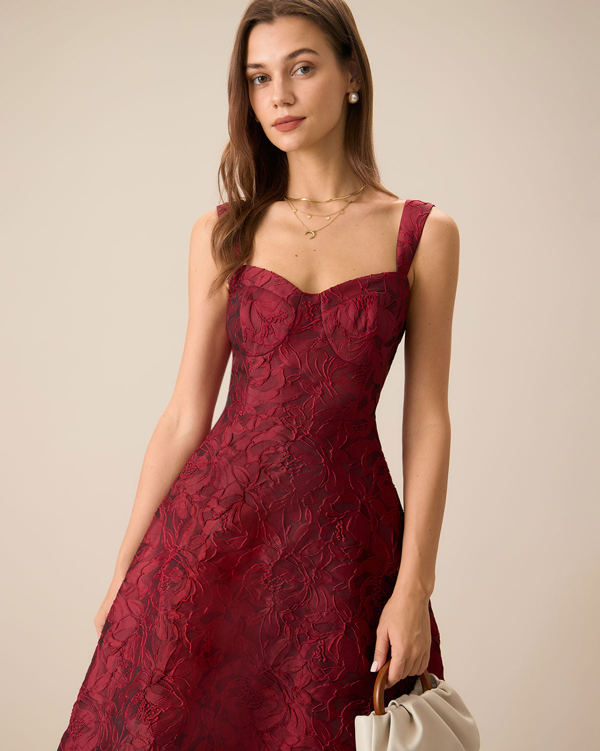Rihoas Sweetheart Neck Jacquard Midi Dress for Women, Wine Red / M Rihoas Sweetheart Neck Jacquard Midi Dress for Women, Wine Red / M