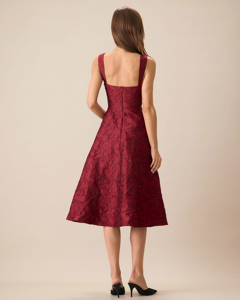 The Red Sweetheart Neck Jacquard Midi Dress & Reviews - Red - Dresses ...