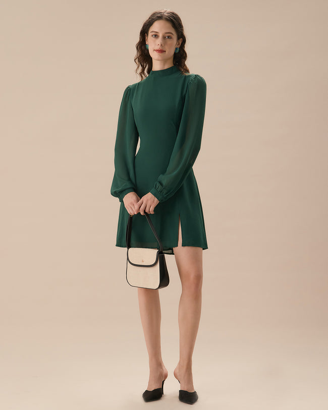 The Green Stand Collar Sheer Slit Mini Dress - Slit Long