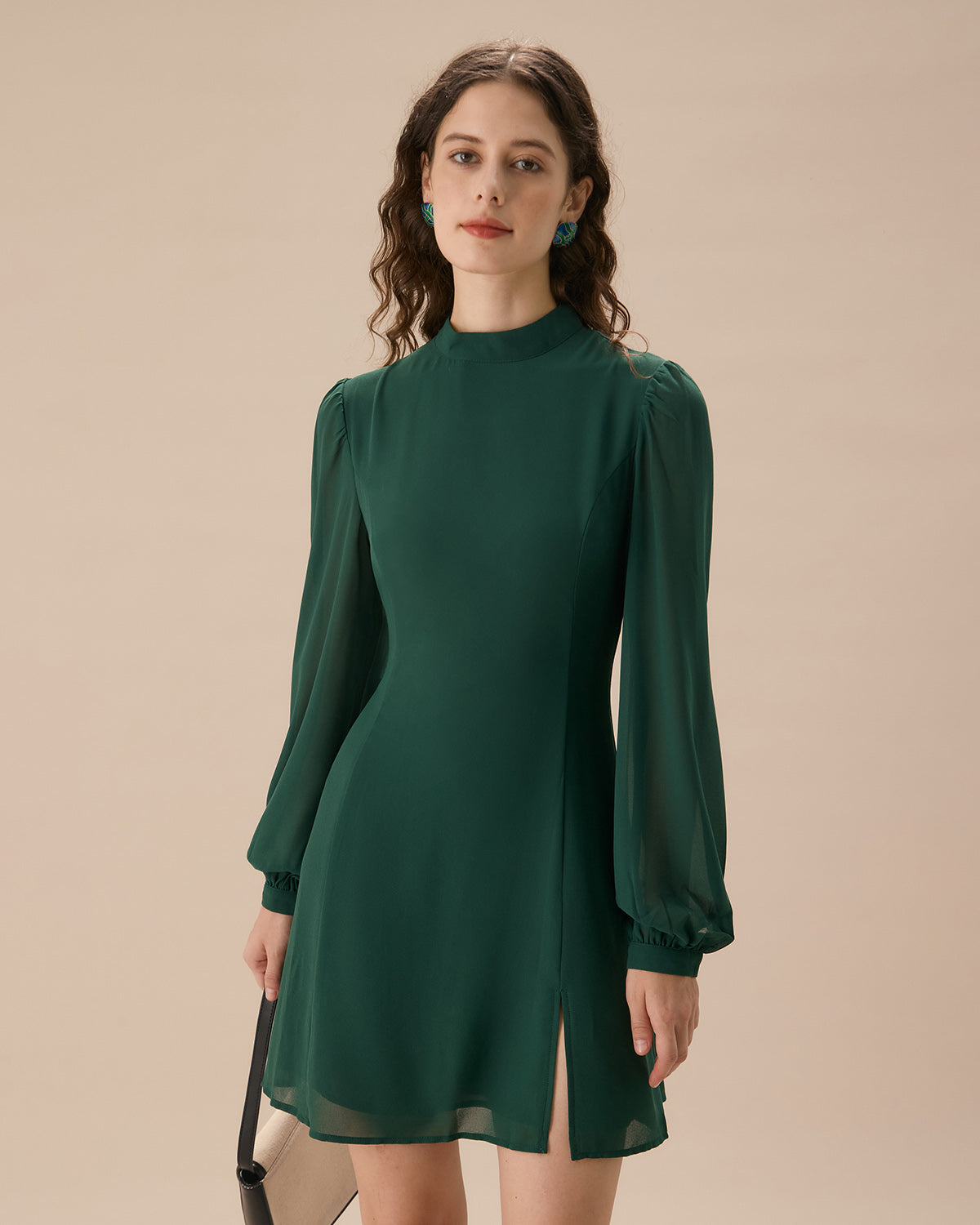 The Green Stand Collar Sheer Slit Mini Dress The Green Stand Collar Sheer Slit Mini Dress