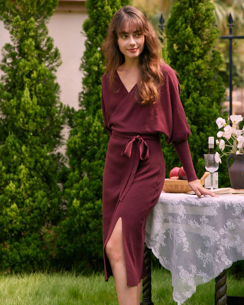 The Batwing Sleeve Belted Sweater Dress Wine Red Dresses - RIHOAS