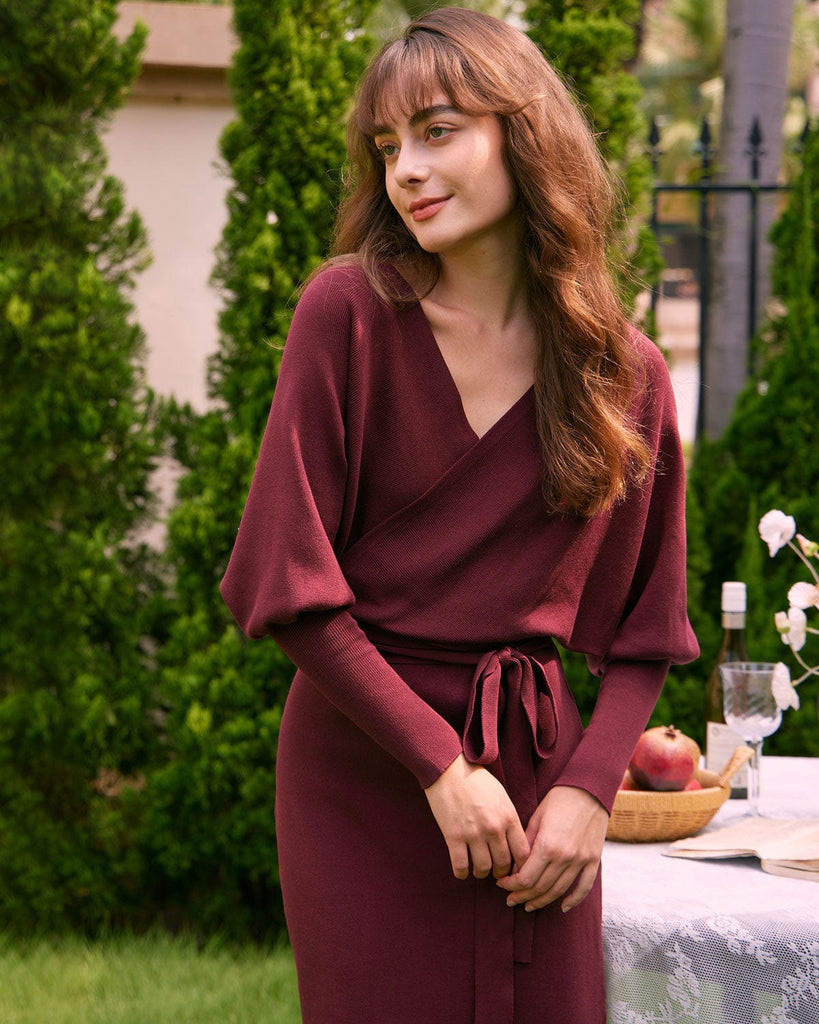 The Batwing Sleeve Belted Sweater Dress Wine Red Dresses - RIHOAS
