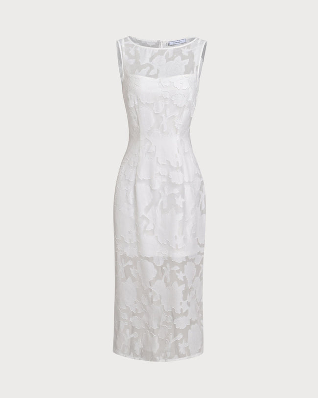 White Lace Boat Neck Midi Dress