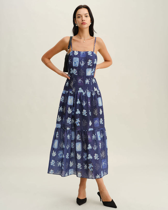 Blue Floral Ruched Bohemian Slip Maxi Dress