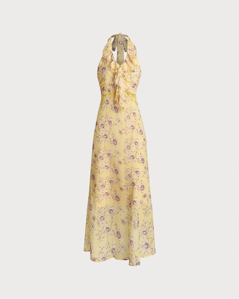 Yellow Floral Shirred Halter Maxi Dress