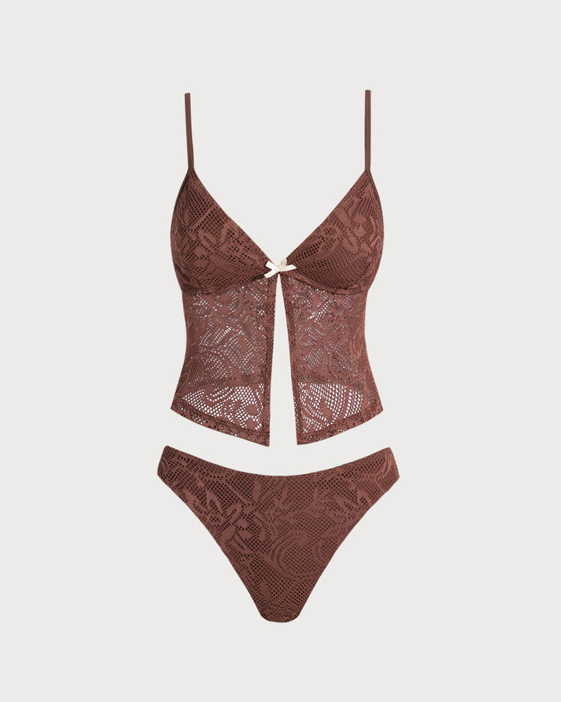 Brown Mesh Slit Tankini Swimsuit